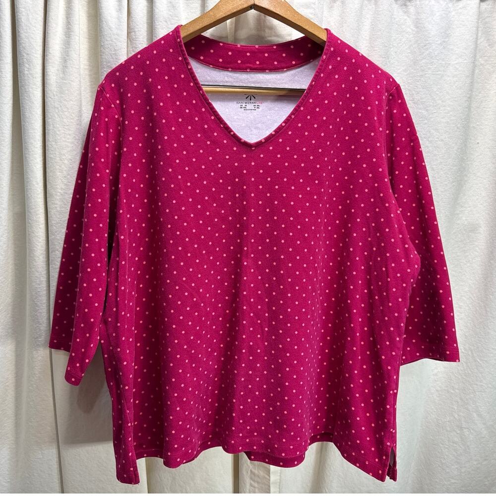 Isaac Mizrahi Live 3/4 Sleeve Pink Polka Dot V-Neck Shirt Top Women's Size 2X